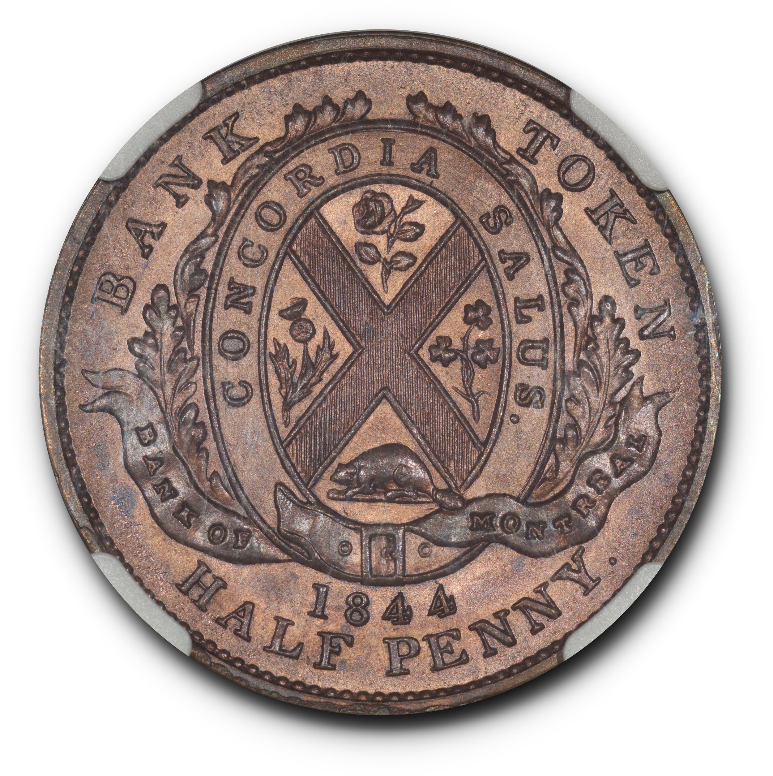 1844 Bank of Montreal Halfpenny, Breton-527, PC-1B3, MS65 Red and